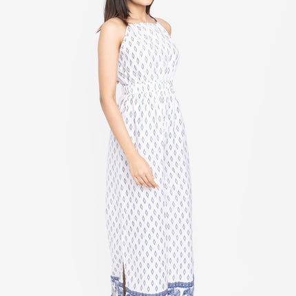 White Indigo Border Flare Jumpsuit