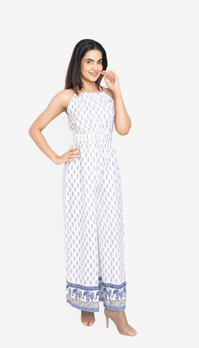 White Indigo Border Flare Jumpsuit