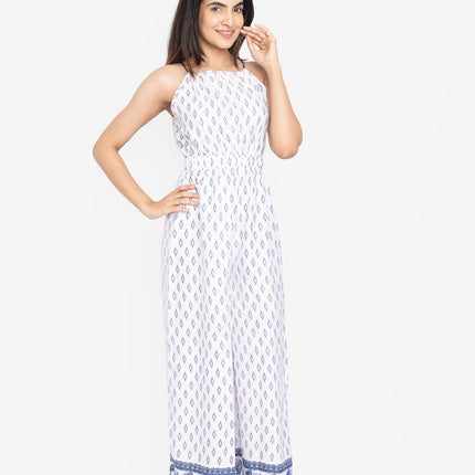 White Indigo Border Flare Jumpsuit
