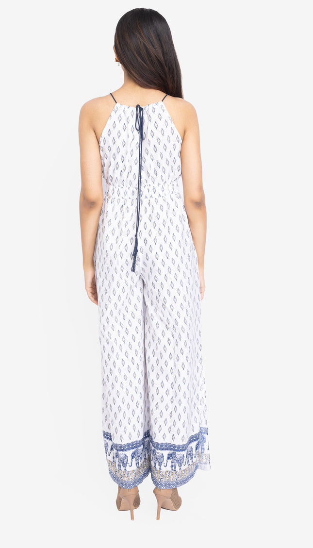 White Indigo Border Flare Jumpsuit