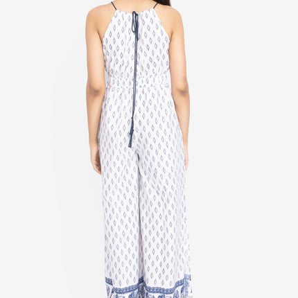 White Indigo Border Flare Jumpsuit