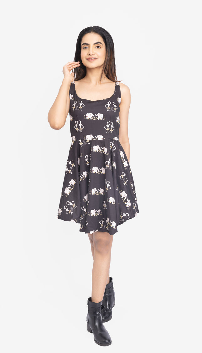 Midnight Folk Strap Balloon Fit Dress