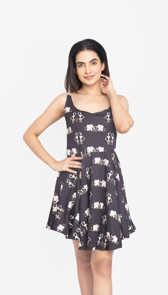 Midnight Folk Strap Balloon Fit Dress
