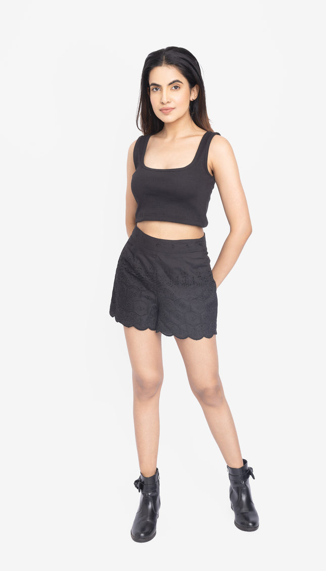 Black Ribbed Crop Top & Scallop Hem Shorts Co-ord Set
