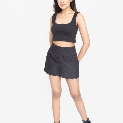 Black Ribbed Crop Top & Scallop Hem Shorts Co-ord Set
