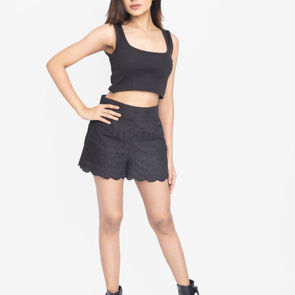 Black Ribbed Crop Top & Scallop Hem Shorts Co-ord Set