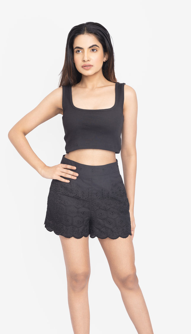 Black Ribbed Crop Top & Scallop Hem Shorts Co-ord Set