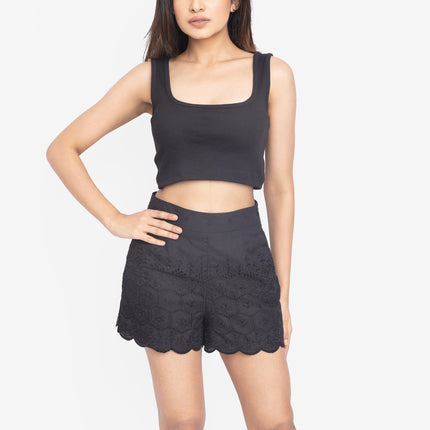 Black Ribbed Crop Top & Scallop Hem Shorts Co-ord Set
