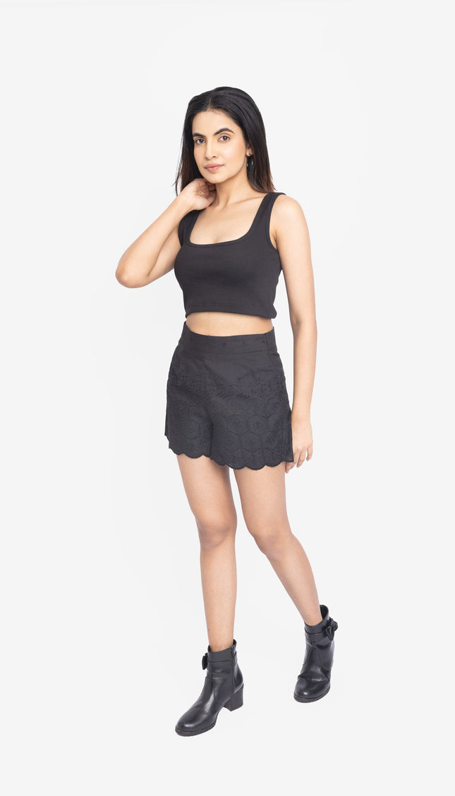 Black Ribbed Crop Top & Scallop Hem Shorts Co-ord Set