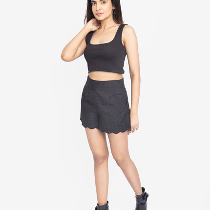 Black Ribbed Crop Top & Scallop Hem Shorts Co-ord Set