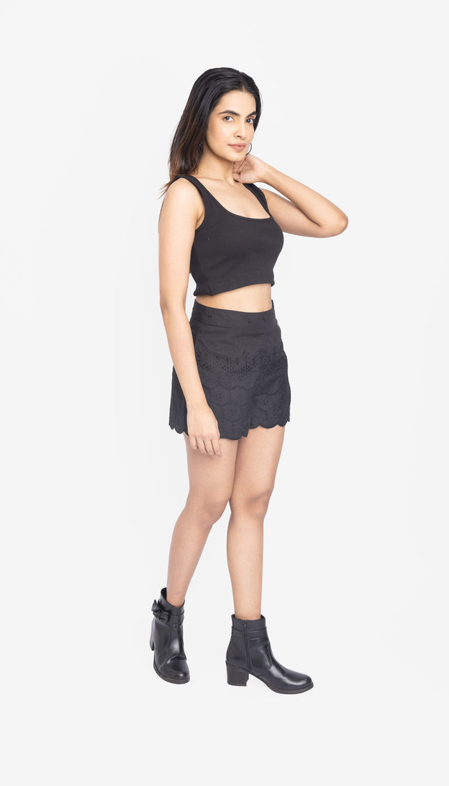 Black Ribbed Crop Top & Scallop Hem Shorts Co-ord Set