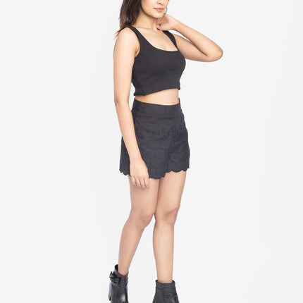 Black Ribbed Crop Top & Scallop Hem Shorts Co-ord Set
