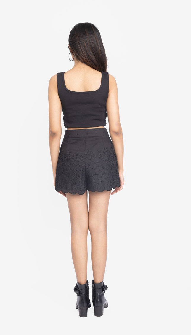 Black Ribbed Crop Top & Scallop Hem Shorts Co-ord Set