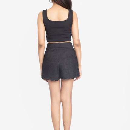 Black Ribbed Crop Top & Scallop Hem Shorts Co-ord Set