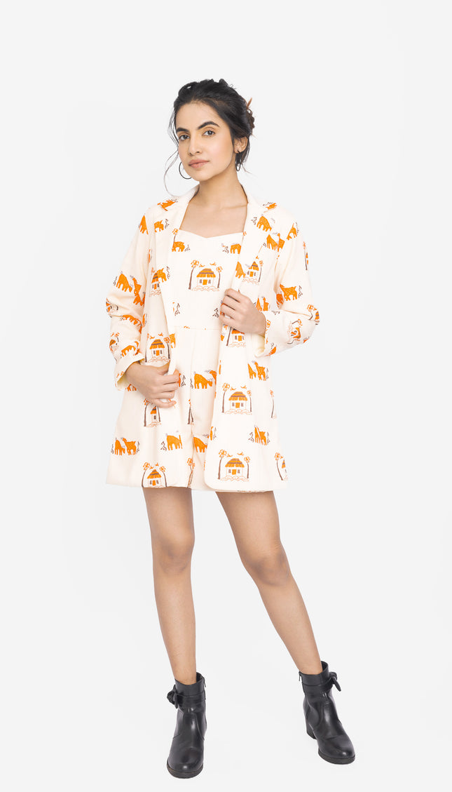 Ivory Folk Motif Jacket Dress Co-ord Set