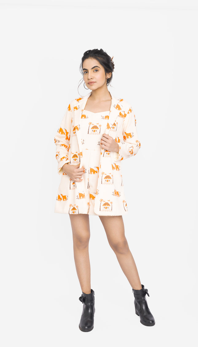 Ivory Folk Motif Jacket Dress Co-ord Set