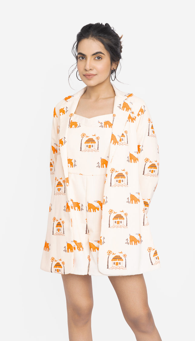 Ivory Folk Motif Jacket Dress Co-ord Set