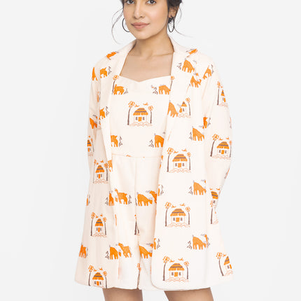 Ivory Folk Motif Jacket Dress Co-ord Set