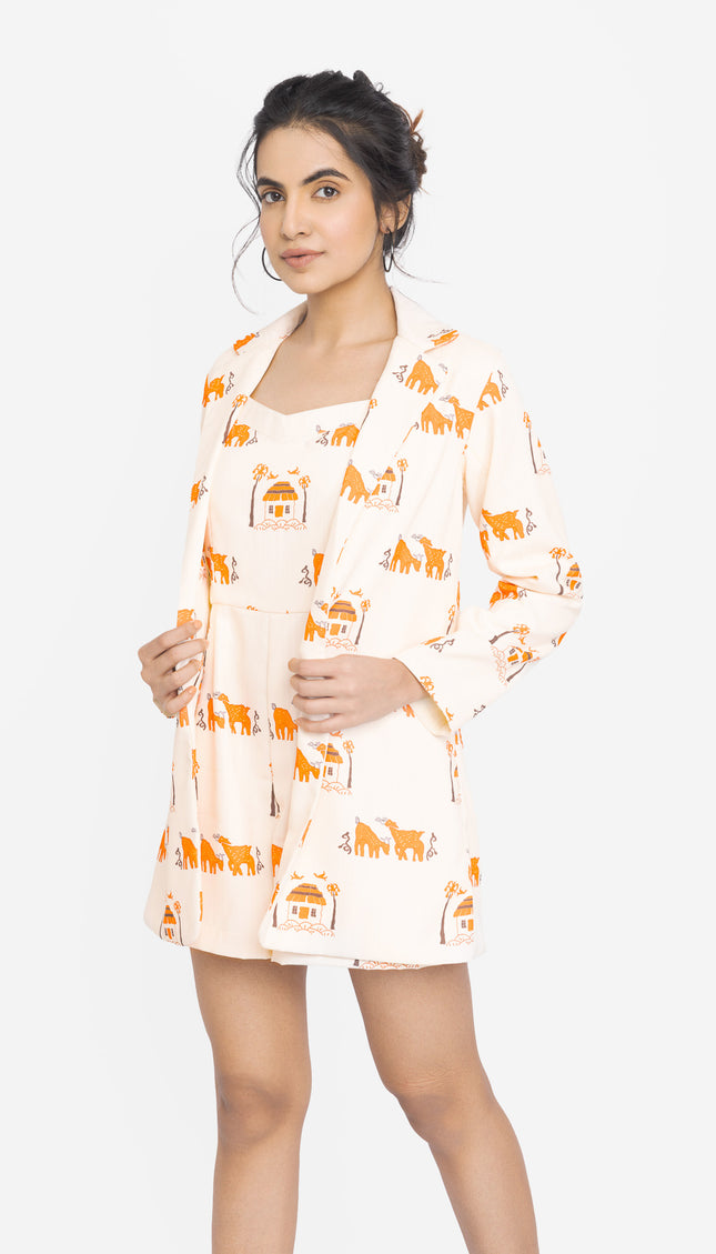 Ivory Folk Motif Jacket Dress Co-ord Set