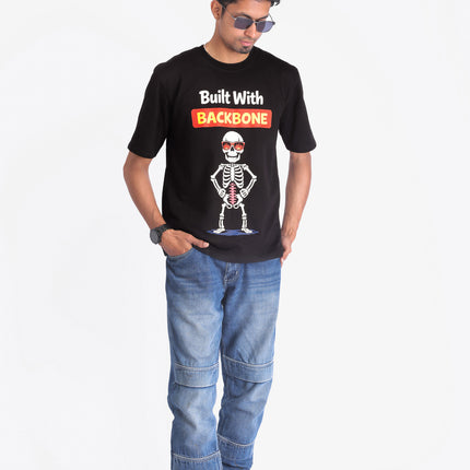 Person wearing a black t-shirt with a skeleton graphic and text
