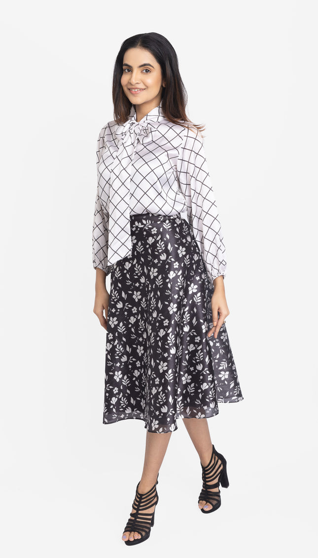Monochrome Grid Bow-Neck Co-ord Set