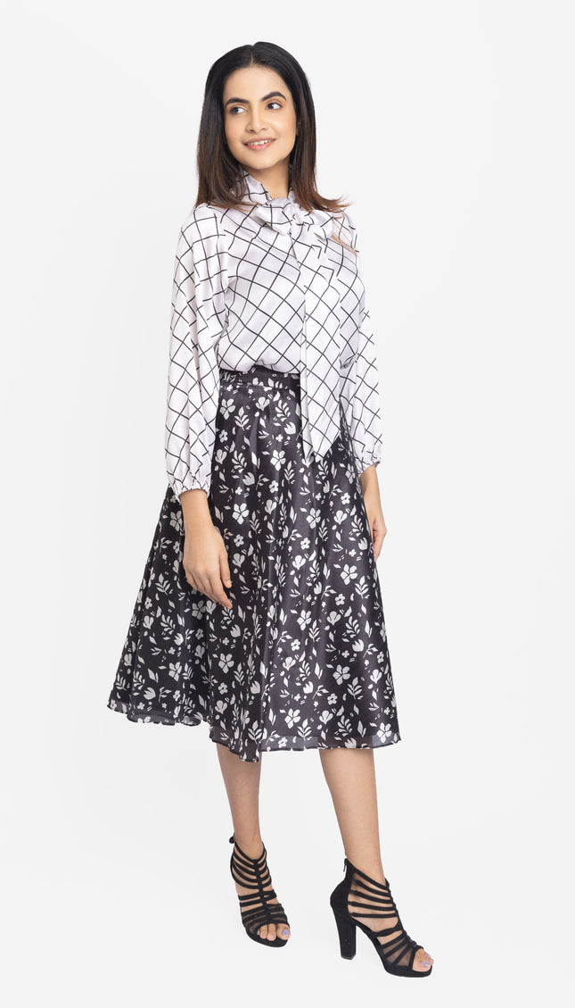 Monochrome Grid Bow-Neck Co-ord Set