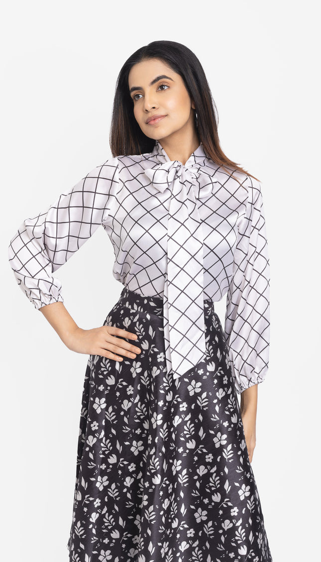 Monochrome Grid Bow-Neck Co-ord Set