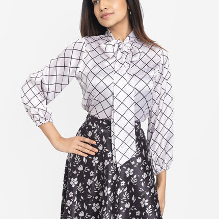Monochrome Grid Bow-Neck Co-ord Set