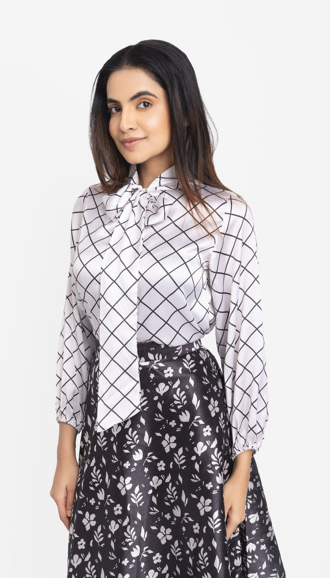 Monochrome Grid Bow-Neck Co-ord Set