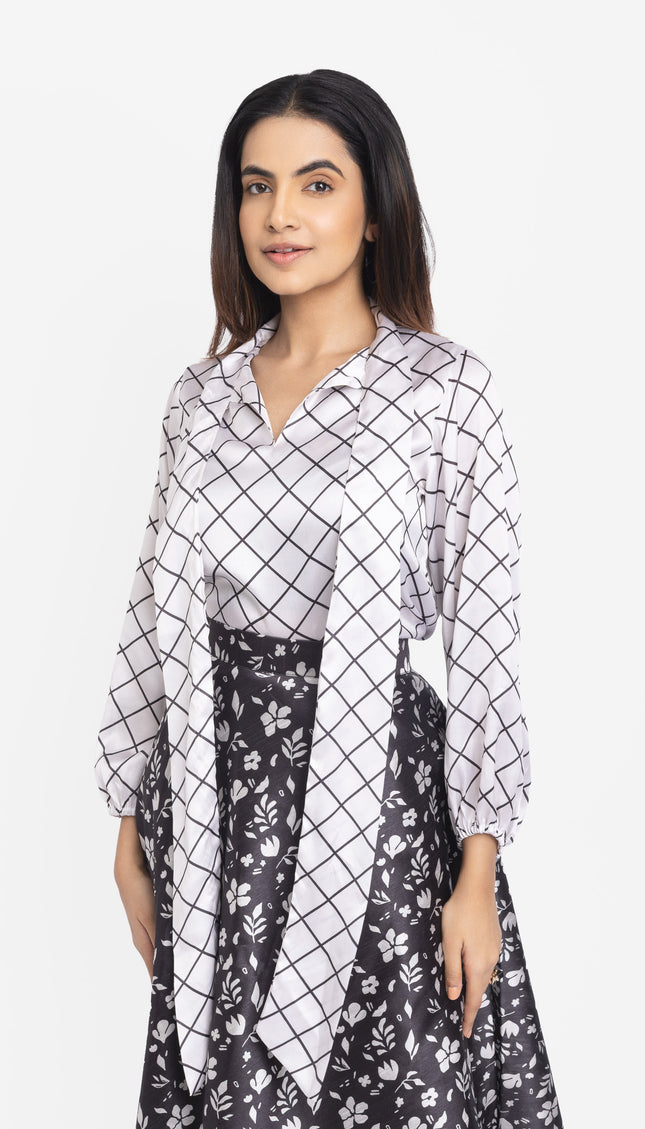 Monochrome Grid Bow-Neck Co-ord Set
