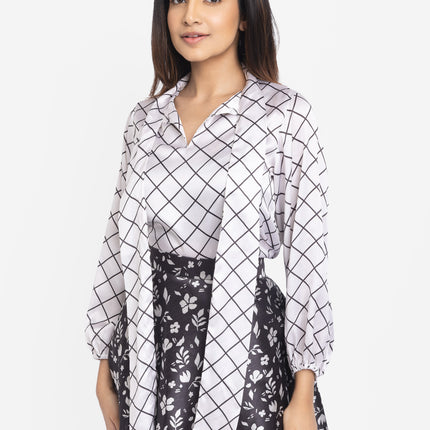 Monochrome Grid Bow-Neck Co-ord Set